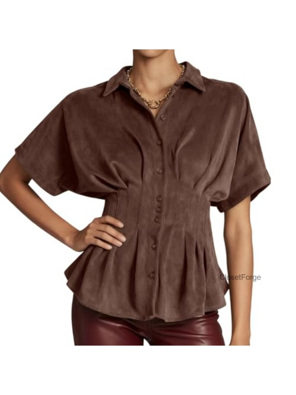 Faux Suede Peplum Shirt Women's Short Sleeve Button Down Blouse Casual Office